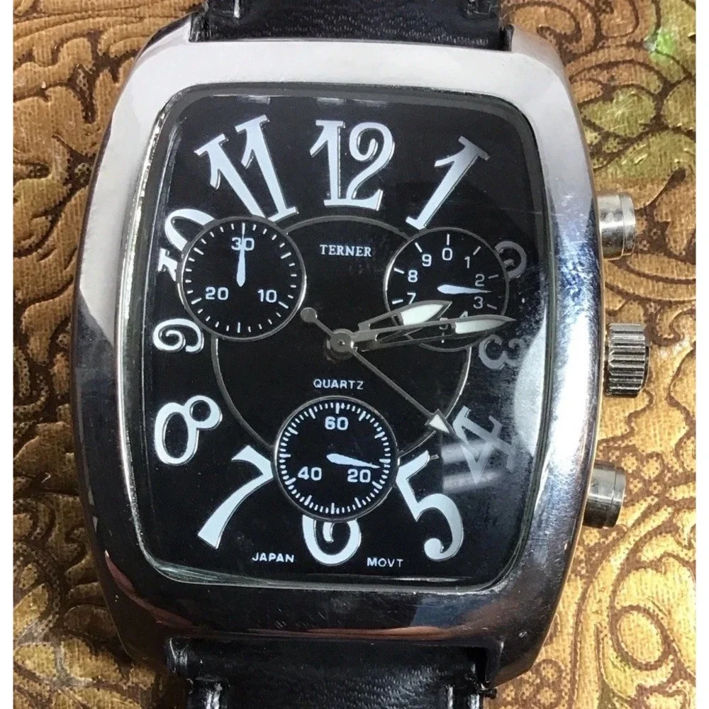 Bijoux Terner Mens Watch Black Leather Strap Silver Tonneau Case K-10266 New